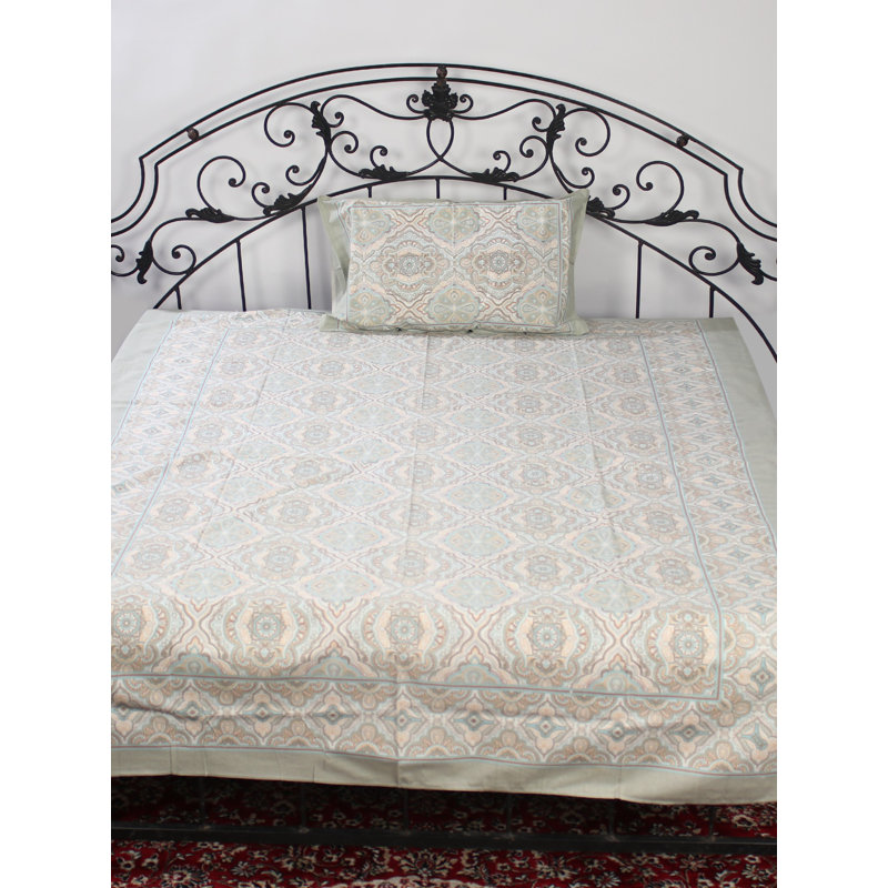 Exotic India Pure Cotton Bedsheet Single Bed Size Handblock Printed with Pillow Cover