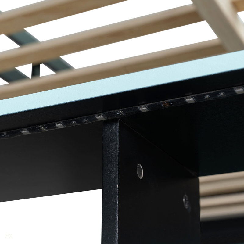 Lit mezzanine en bois avec bureau, tablettes multiples et lumière RVB, table à placement réglable, Bleu