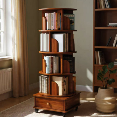 Bibliothèque rotative avec tiroir, bibliothèque d'angle à 360 degrés pour les petits espaces, étagère de rangement sur pied au sol, étagère en bois étroite pour la chambre à coucher, le salon