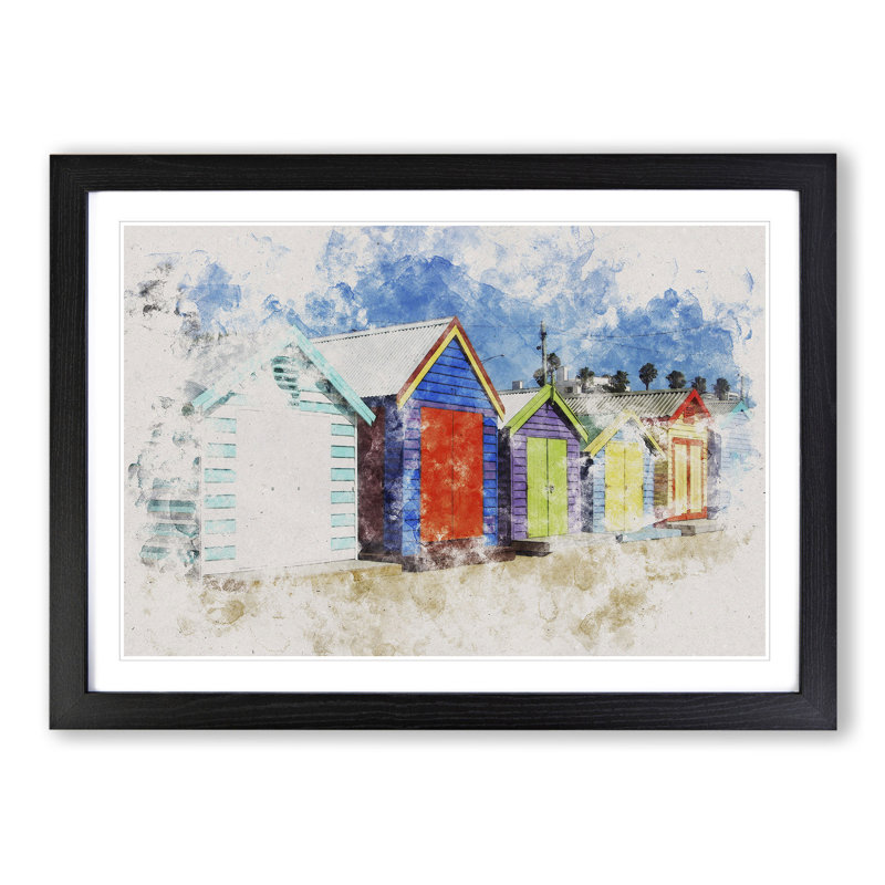 Colourful Beach Huts - Picture Frame Painting, 65cm H x 90cm W x 2cm D, Black