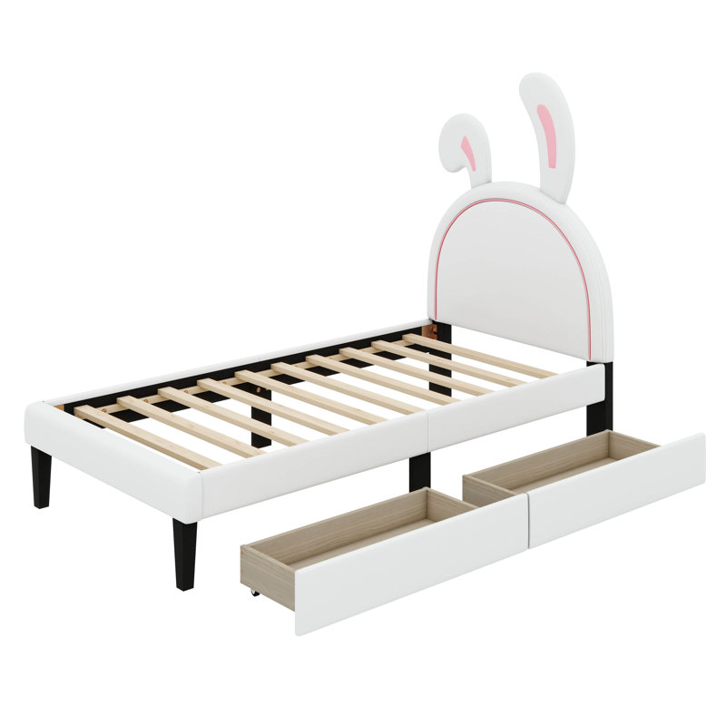 Lit plateforme tapissier simple en cuir avec ornement lapin Amae et 2 tiroirs Amae, Blanc