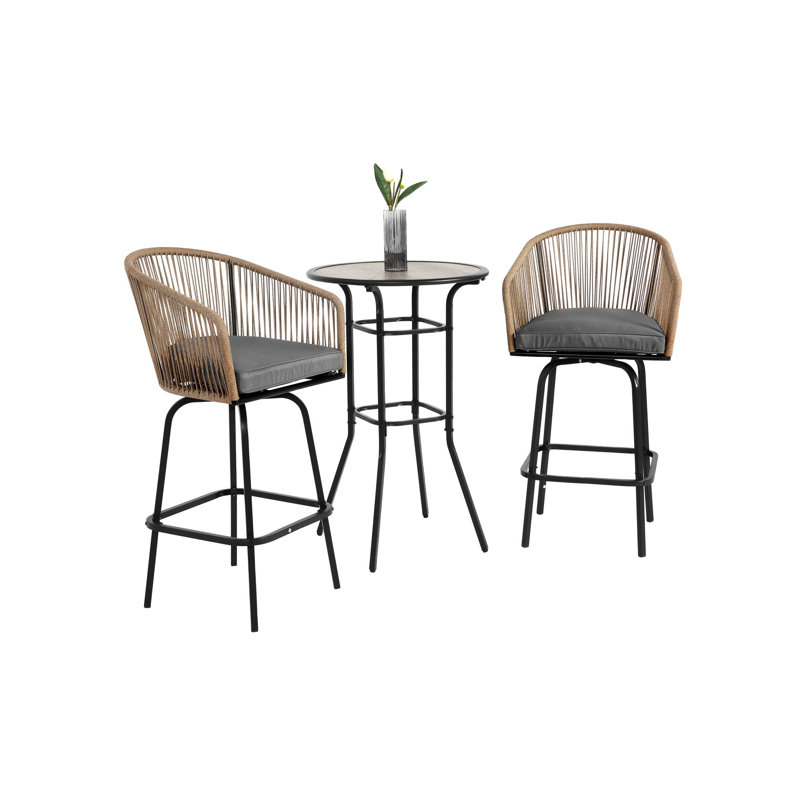 3pcs Outdoor Bar Set, Patio Bar Table and Chairs Set, Bar Height Patio Set - 2 x Swivel Bar Chairs , 1 x Round Bar Table(DPC Wood-Like)-Gray