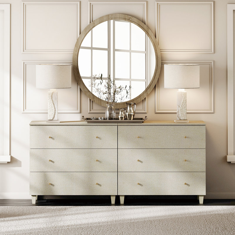Commode 2-en-1 en bois avec 6 tiroirs Lysiane, Beige/or