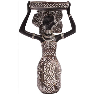 African Lady Figurine Candle Holder With Tribal Totem Brown