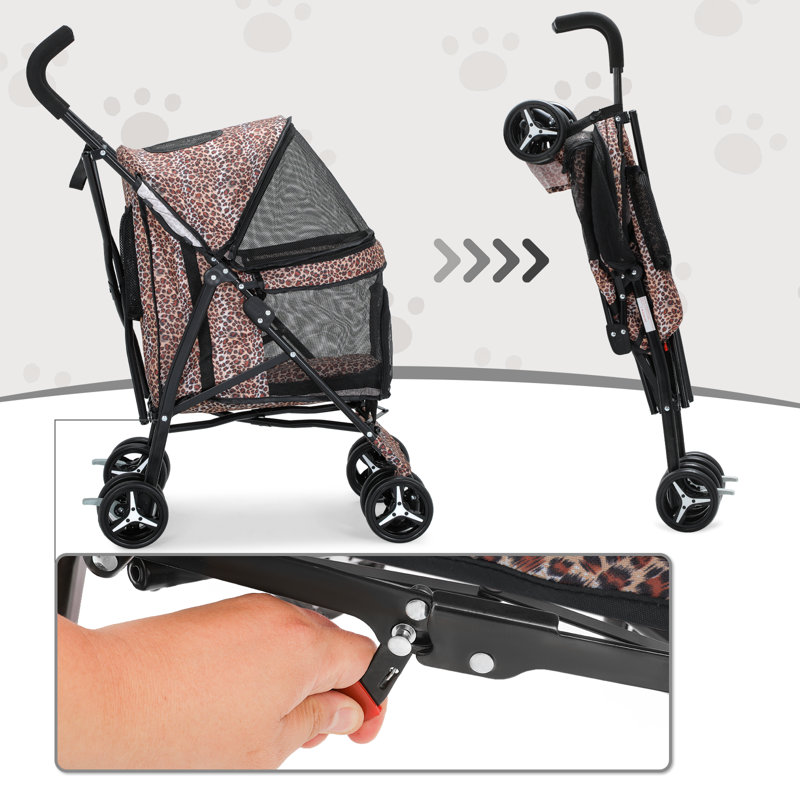 Leopard Print Steel Frame Dog Stroller with Mesh Windows
