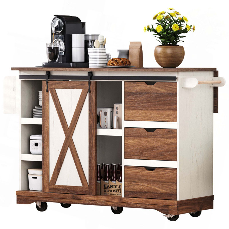 55.5" Farmhouse Kitchen Island With Drop Leaf, Power Outlet, Spice Rack & Barn Door, White