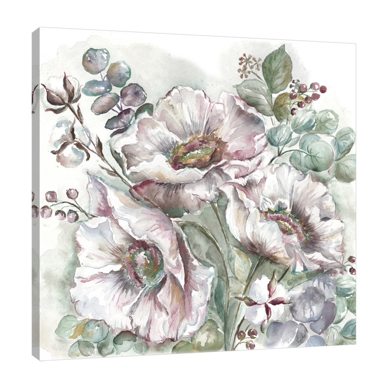 «White Poppies and Eucalyptus II» par Tre Sorelle Studios, reproduction d'art sur toile tendue, H 30 po x l 30 po