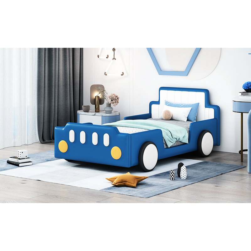 Lit plateforme bleu en forme de voiture de course simple avec roulettes, conçu pour la durabilité et le confort de la finition de la voiture, un sommeil profond et relaxant