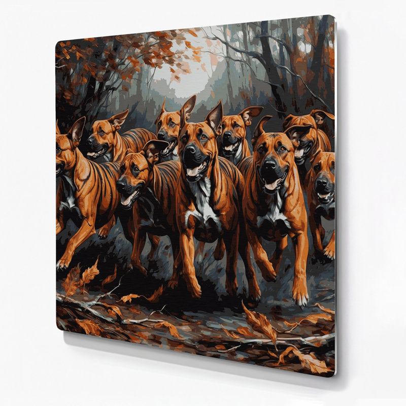 «Dogs Treeing Tennessee Brindle», art mural en métal gris, H 32 po x l 32 po