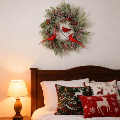 Couronne de cardinal rouge, couronne de Noël avec baies rouges et brindilles - couronnes de Noël artificielles pour la porte d'entrée