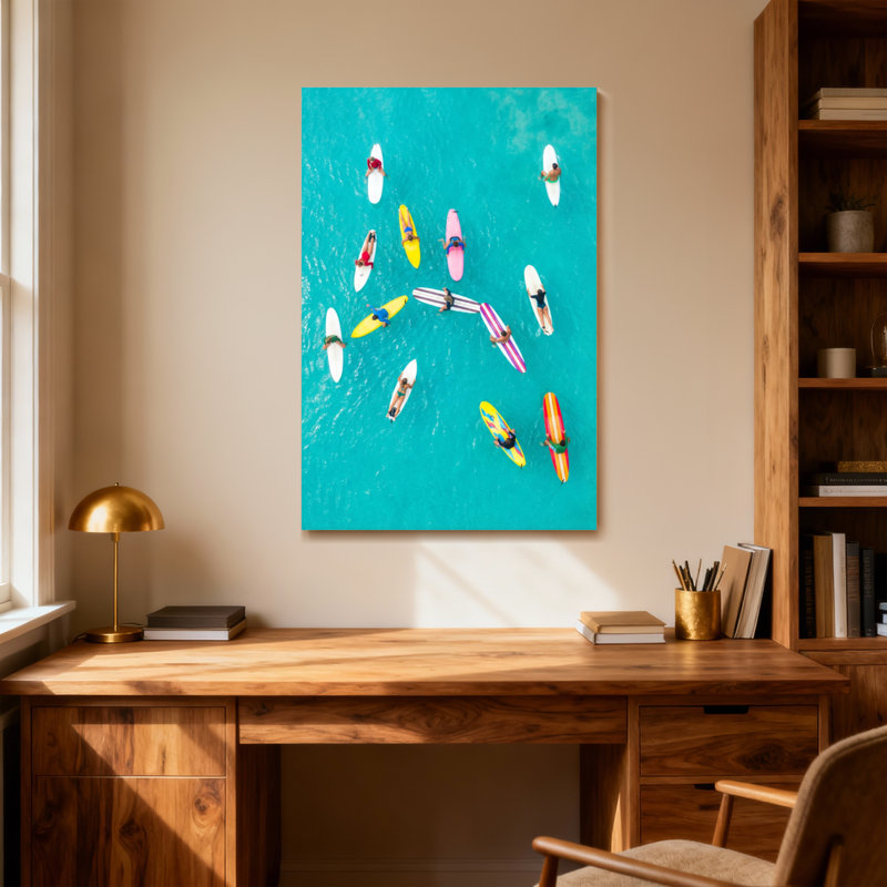 Paysage et nature surfeurs flottant sur des planches colorées dans l'océan, H 48 po x l 32 po