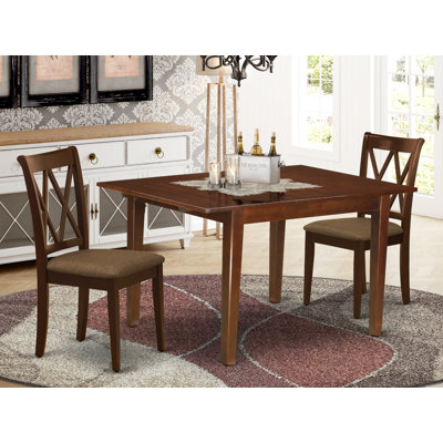 3 Piece Dining Room Furniture Set Contains a Rectangle Wooden Table with Butterfly Leaf and 2 Linen Fabric Kitchen Dining Chairs, Mahogany