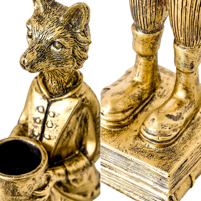 8.75" H Fox and Rabbit Antique Gold Resin Candleholder Tabletop Vintage Bar Decor - Set of 2 Pieces