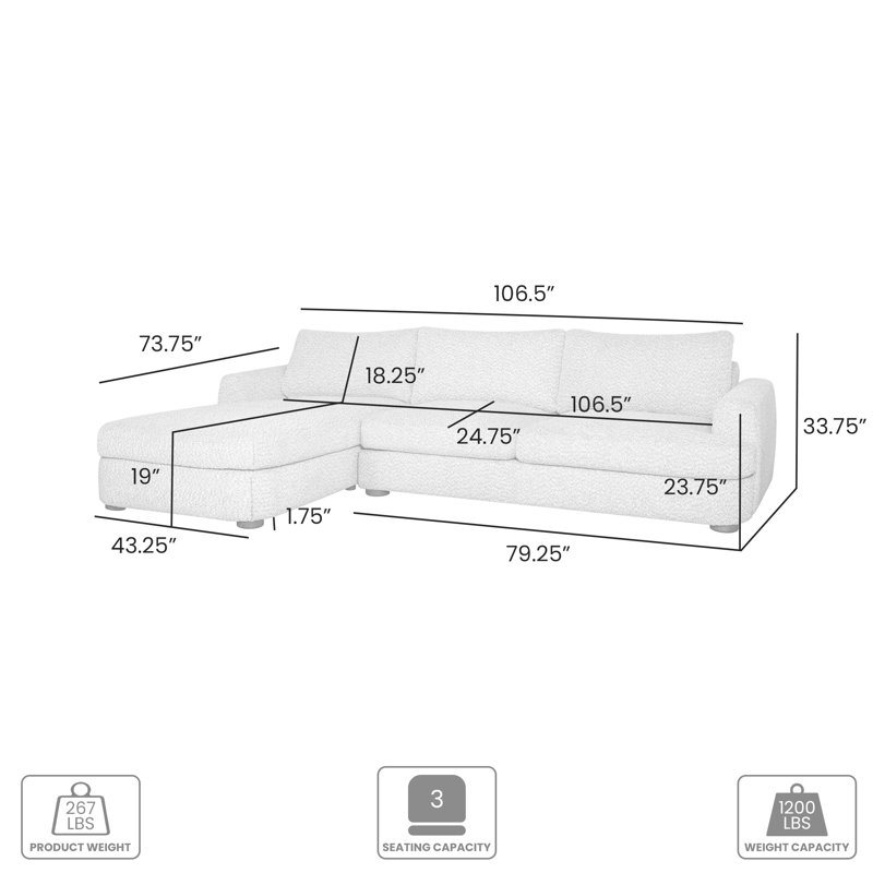 Nigell 123 In. Arm Facing Rectangular Sectional Sofa With Round Arms, Left Hand Facing, White Polyester