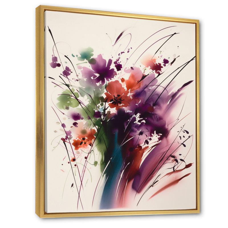 Keyva, bouquet de fleurs mauves et vertes Elegance III sur toile, H 20 po x l 12 po x P 1 po, Cadre flottant doré