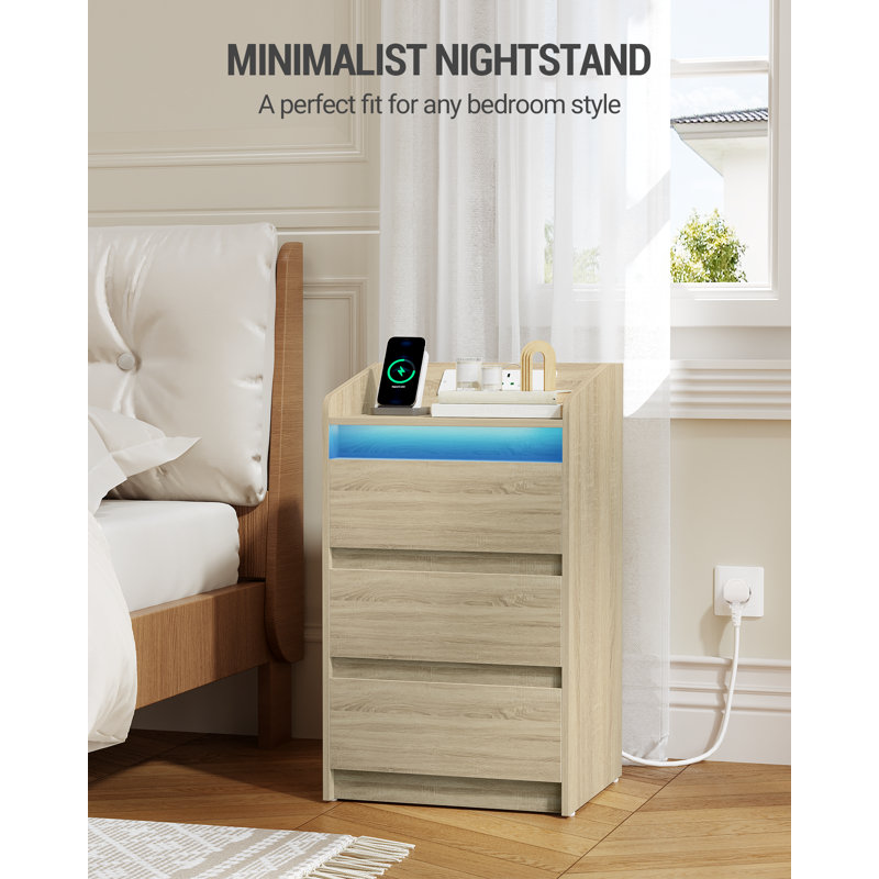 Bedside Table with 3 Drawers, Bedside Cabinet, Side Table with Charging Station and LED, 2 AC and 2 USB Ports, Nightstand for Bedroom, Living Room, End tables 