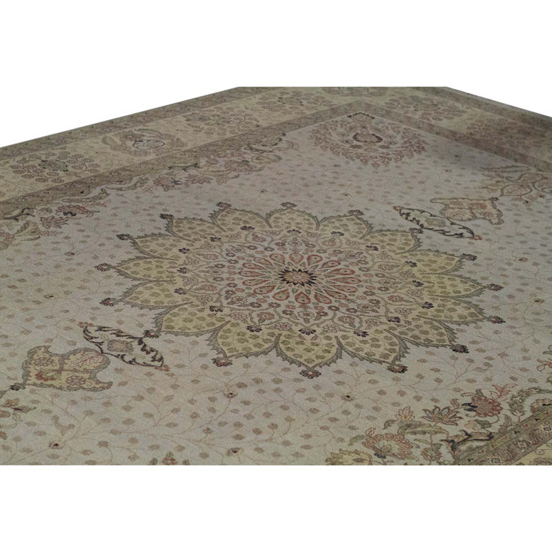 Tapis gris / beige en laine noué à la main de conception unique 8 pi 11 po x 11 pi 7 po