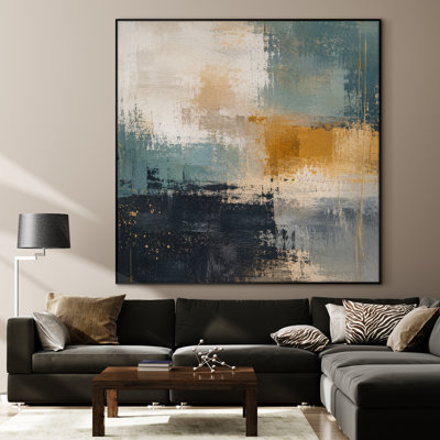Extra Large Wall Art Fabric Print - Abstract Color Block with Blue, Gold and Neutral Tones for Living Room or Bedroom - "Frame Assembly Required (Unfinished Frame)"