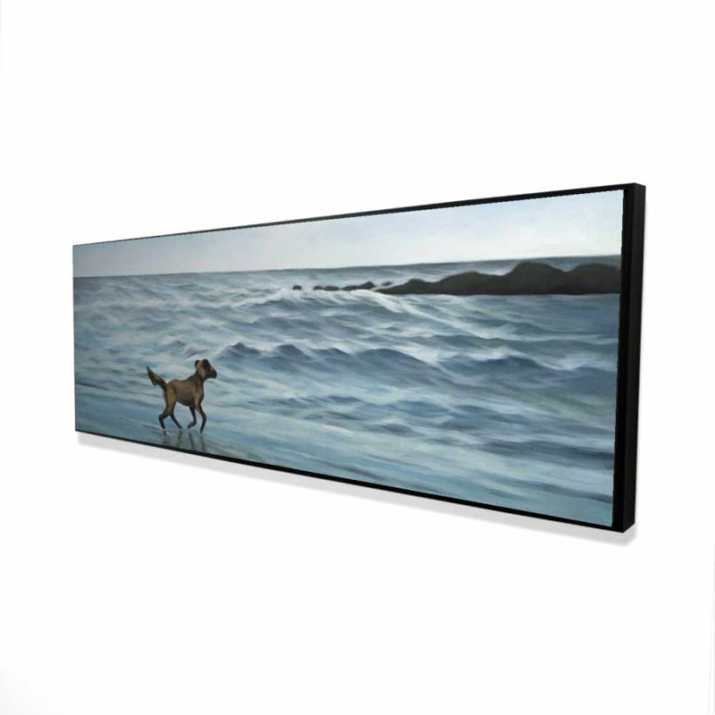Chien sur la plage - décor de toile encadrée bleue de salon, H 21,25 po x l 61,25 po