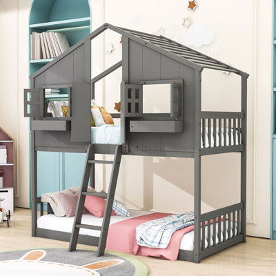 Farnon Twin over Twin Wood House Bunk Bed with Roof and Window