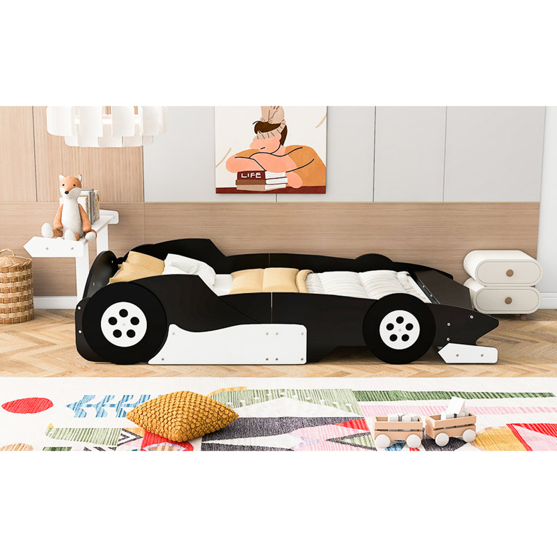 Race Car-shaped Bed With Wheels In Black. And Long-lasting. Comfortable Stylish. Plywood . 98.7" X 56.6" 26.5" Attributes Black Car Structure. Design For Optimal Rest. Quality Details