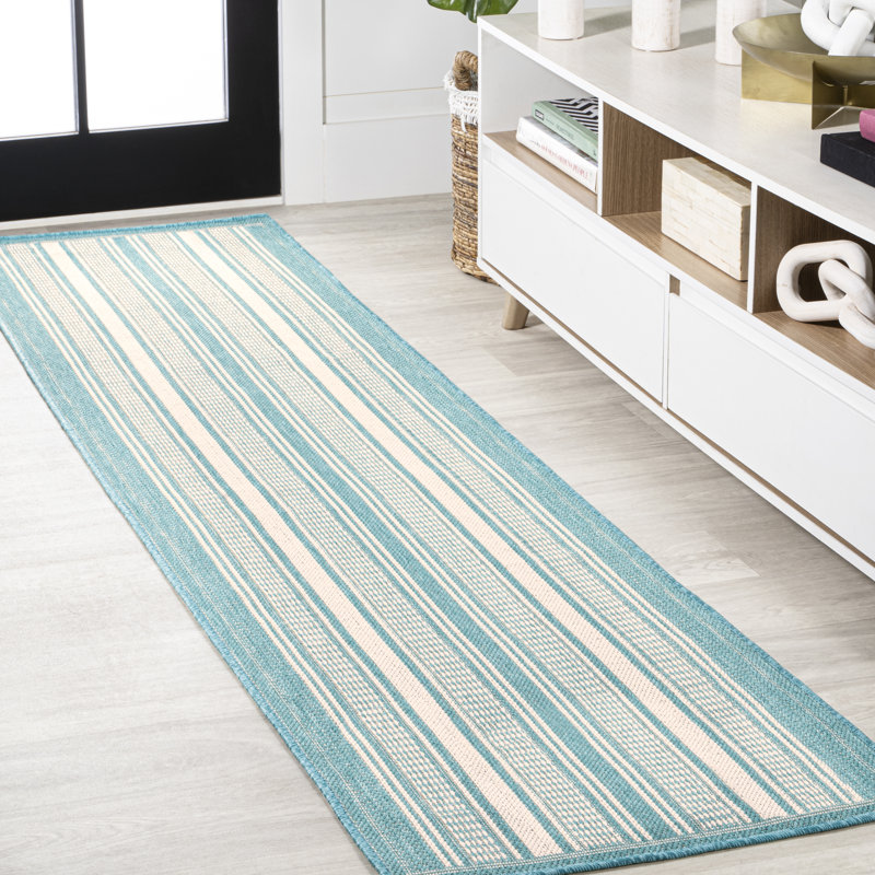 Gargatha Modern Double Stripe Aqua/Beige Indoor/Outdoor Rug, Runner 2' x 8'