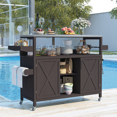 50'' Outdoor Solid Wood Kitchen Island Cart, Rolling Bar Cart, Grill Cart, Farmhouse Outdoor Grill Table With Stainless Steel Top, Spice Rack, Towel Rack For Kitchen&Bbq