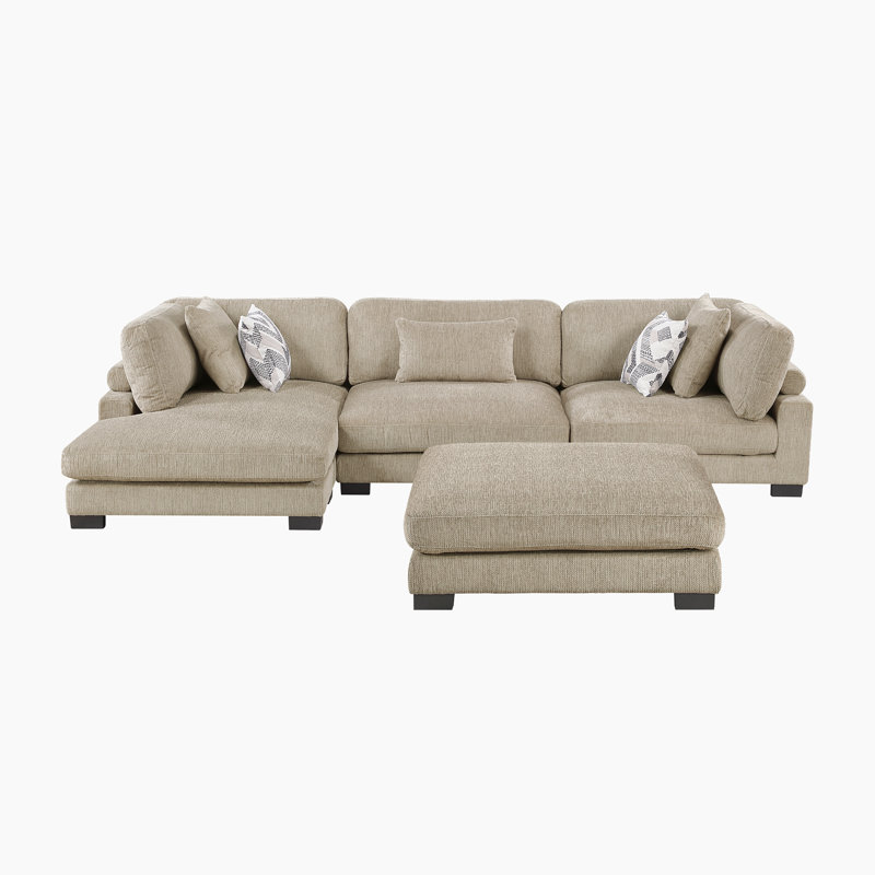 Hulett 135" Modern Modular Sectional with Microfiber Fabric, Included Ottoman & 5 Pillows, 34.5" H x 135" W x 70" D