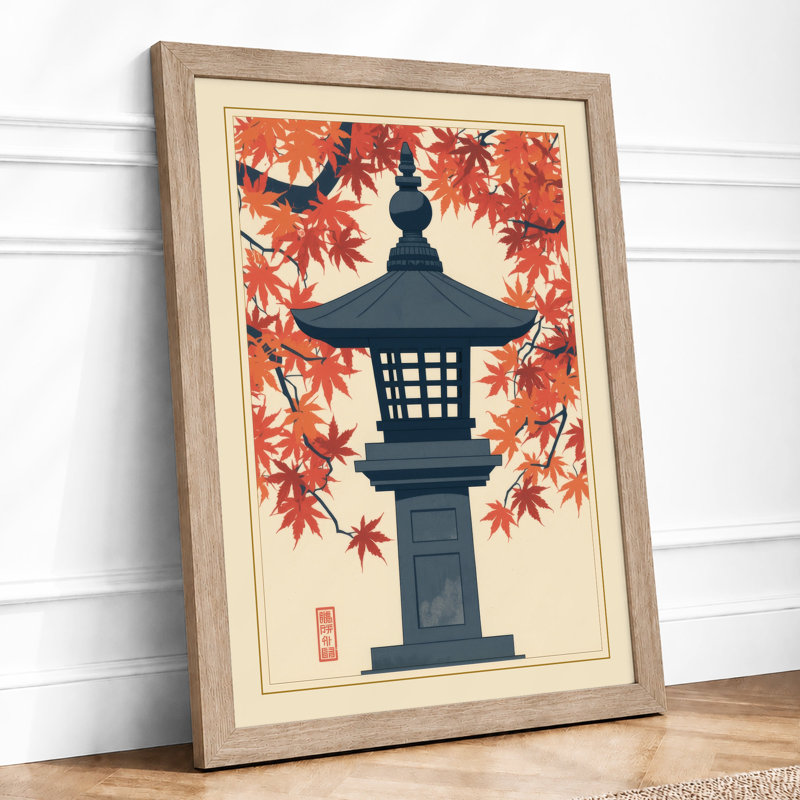 Autumn Stone Lantern Japandi - Framed Print, A2 - 59.4 x 42.0 cm, Oak