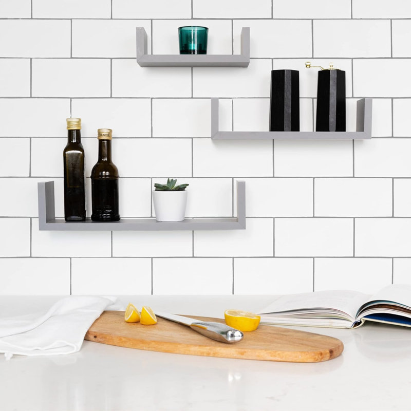 Set Of 3 Floating “U” Shelves, Easy-To-Assemble Floating Wall Mount Shelves For Bedrooms And Living Rooms, Gray