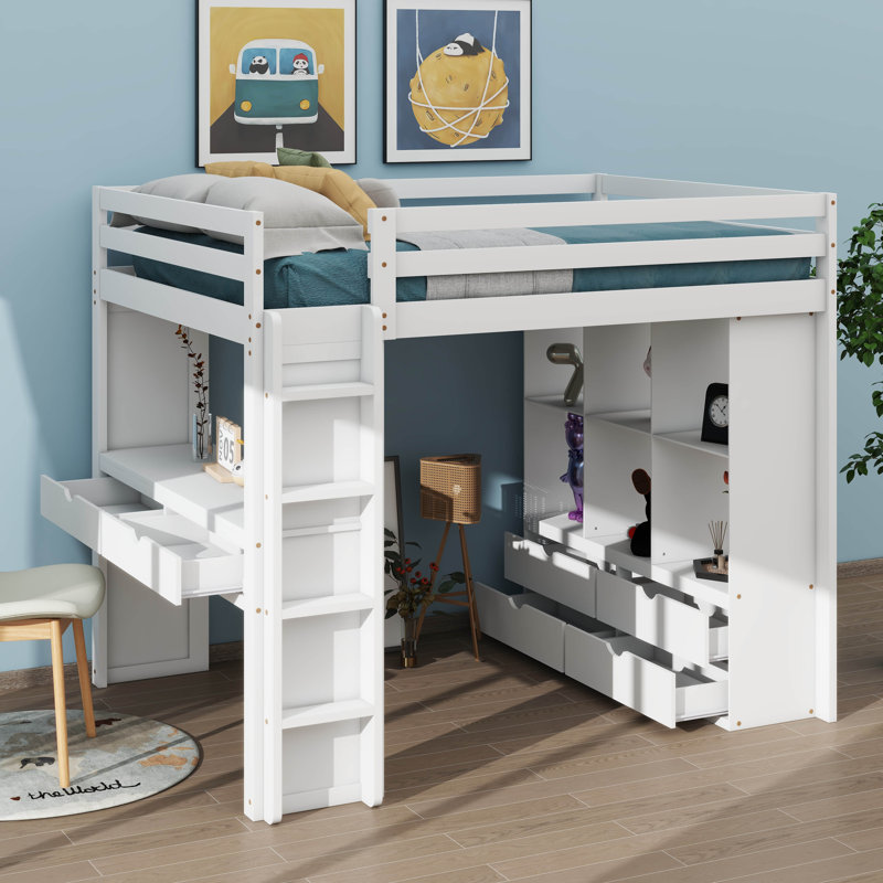 Lit mezzanine avec grandes tablettes Jonavan, Double, Blanc