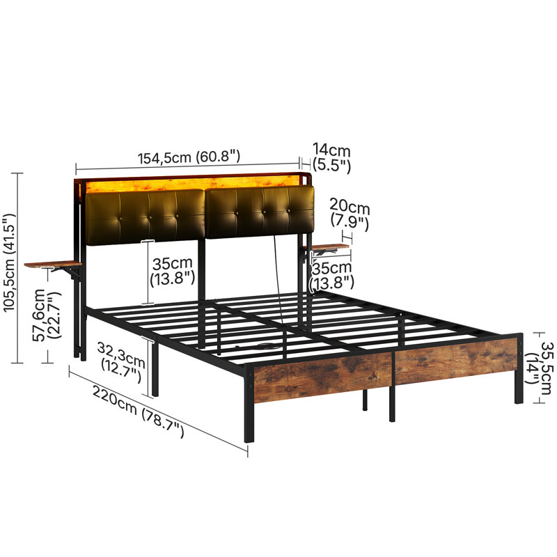 Nottaway Queen Size Bed Frame with Power Outlet, 2 Folding Panels, Upholstered Headboard and LED Light Strip, Queen