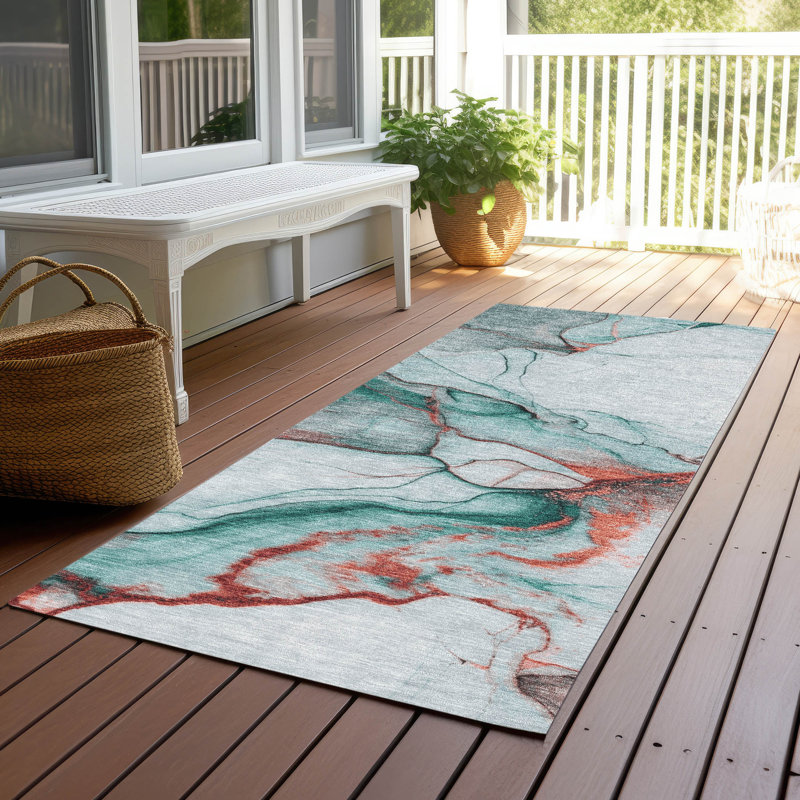 Machine Washable Indoor/Outdoor Cinead ACN1690 Teal Rug, Runner 2'3" x 7'6"