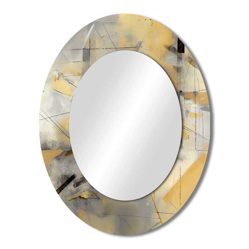 Jaune et gris au-delà de la toile II - Grand miroir mural ovale sur métal, 43 po x 33 po
