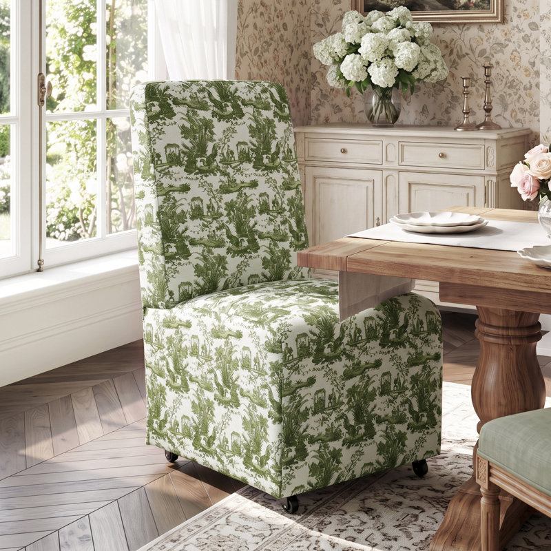 Chaise d'appoint rembourrée Colette avec roulettes, Toile de Jouy vert olive et blanc