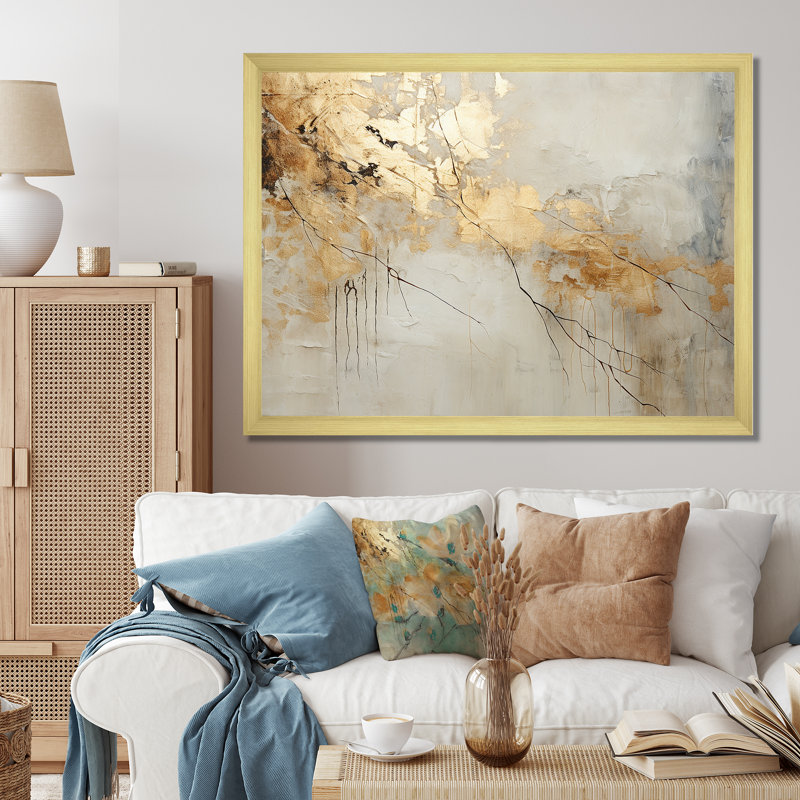 Art mural grand beige et or VI - formes abstraites, H 16 po x l 32 po x P 1 po, Cadre doré simple