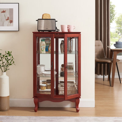Elegant 2-Door Curio Cabinet With Tempered Glass Doors, Mirrored Back Panel, And Adjustable Shelves - Lighted Display Cabinet For Home And Office (Light Bulb Included) - Cherry Finish