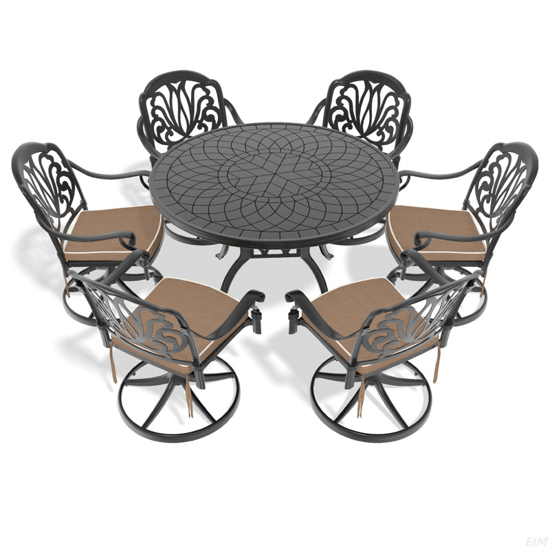 L'ensemble de salle à manger en fonte d'aluminium toutes saisons comprend des chaises pivotantes et une table avec un cadre noir