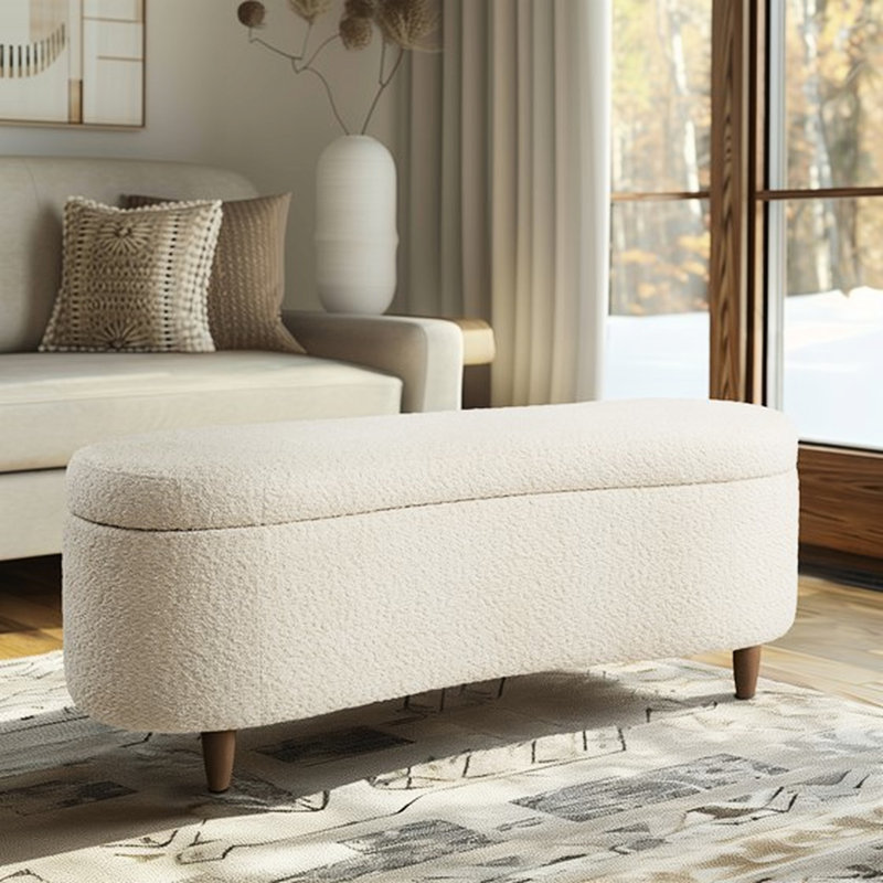 Banc de rangement à dessus rabattable crème Boucle pour le salon ou la chambre à coucher avec charnières et pieds solides