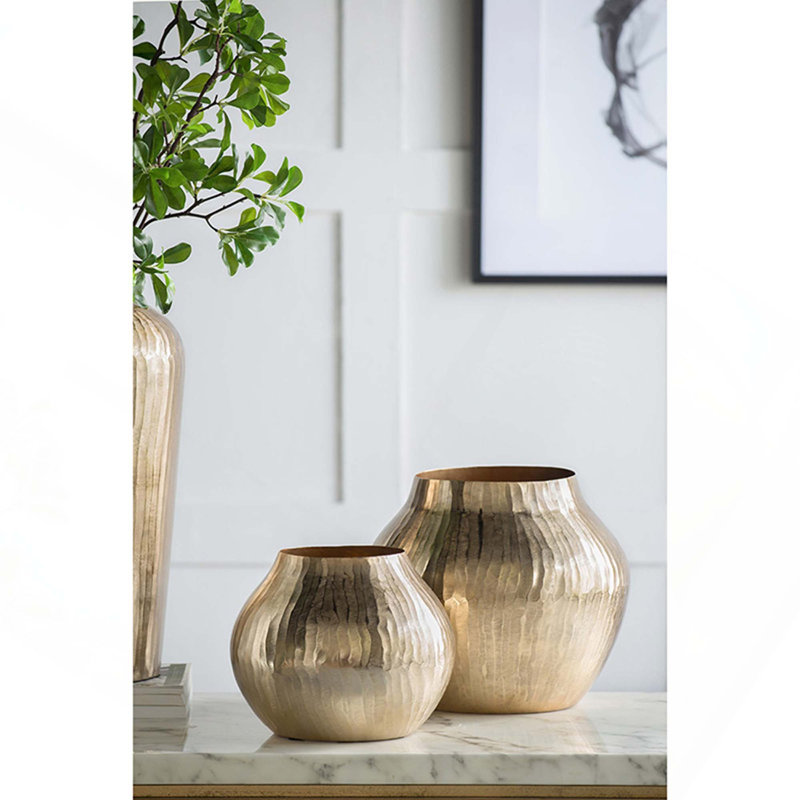 Golden Aluminum Chisel Flower Vase, 11.5" H x 13.5" W x 13.5" D