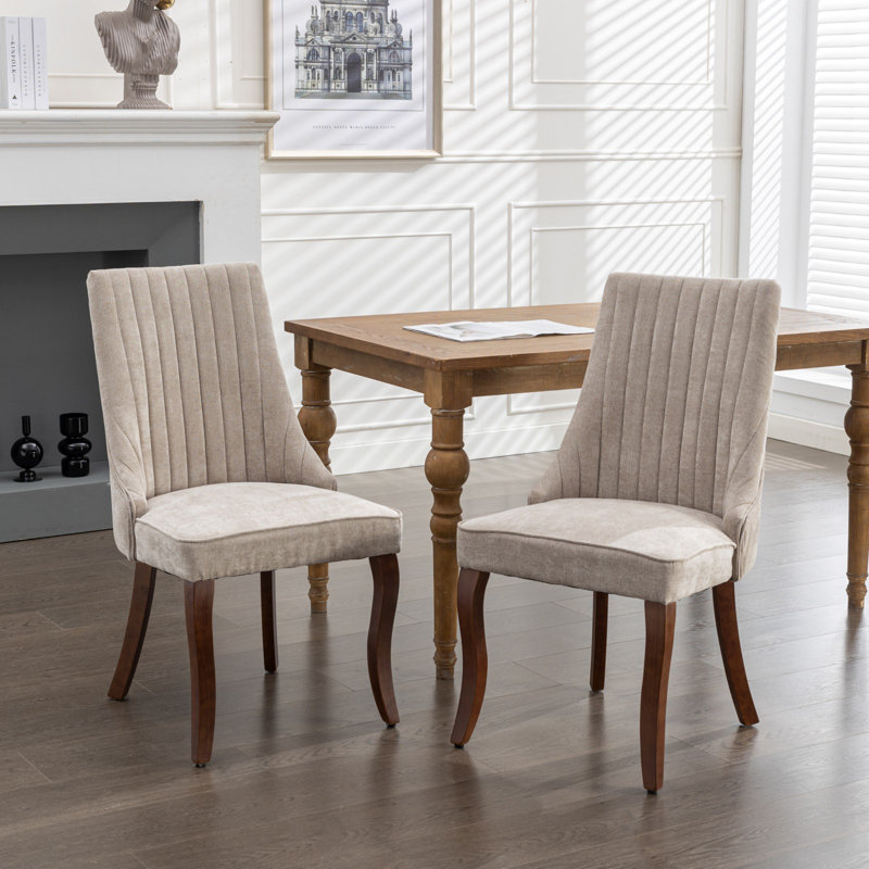 Chaises d'appoint rembourrées confortables (2 pièces) - Dossier haut, pieds courbés en bois massif, Beige