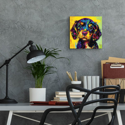  «Woof Spaniel» par Rich Monet, art mural en verre acrylique, 12 po x 12 po