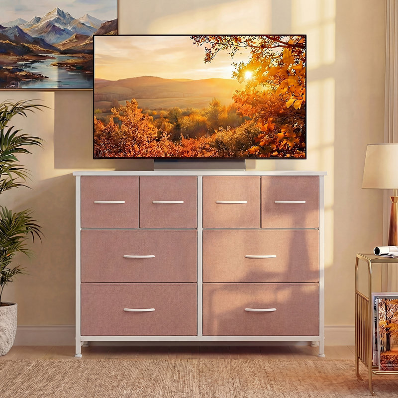8-Drawer Fabric Dresser, 30"H Storage Chest with Wood Top, Pink