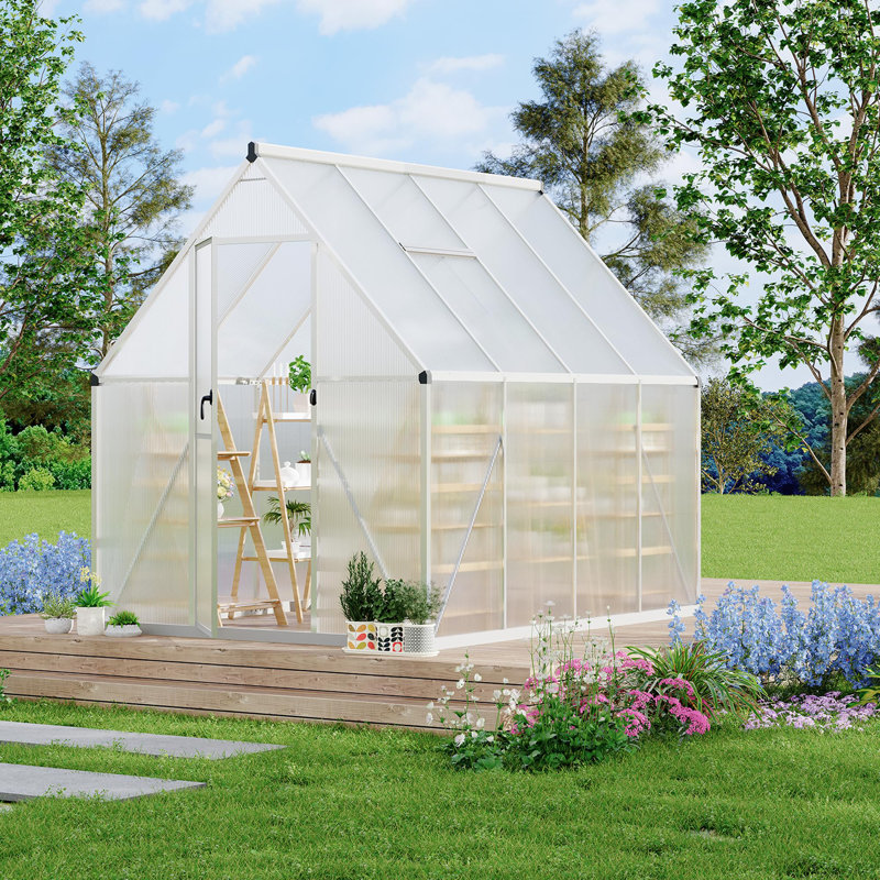 6x7 FT Heavy Duty Aluminum Polycarbonate Greenhouse – Large Walk-In Structure, Quick Setup, Roof Vent, Lockable Door & Rain Gutter, Ideal for Patio, Backyard, Garden (Silver)
