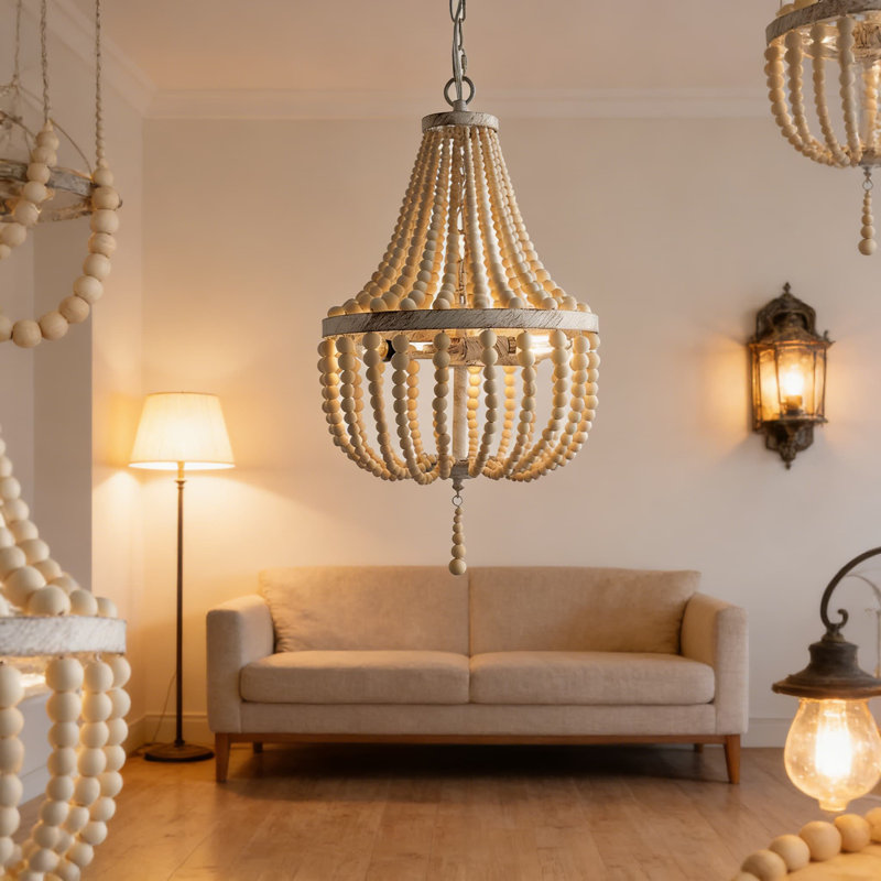 Luminaire lustre en perles de bois Boho, luminaire suspendu rustique antique à 3 lumières avec perles en chêne naturel pour îlot de cuisine, salle à manger, chambre à coucher et entrée