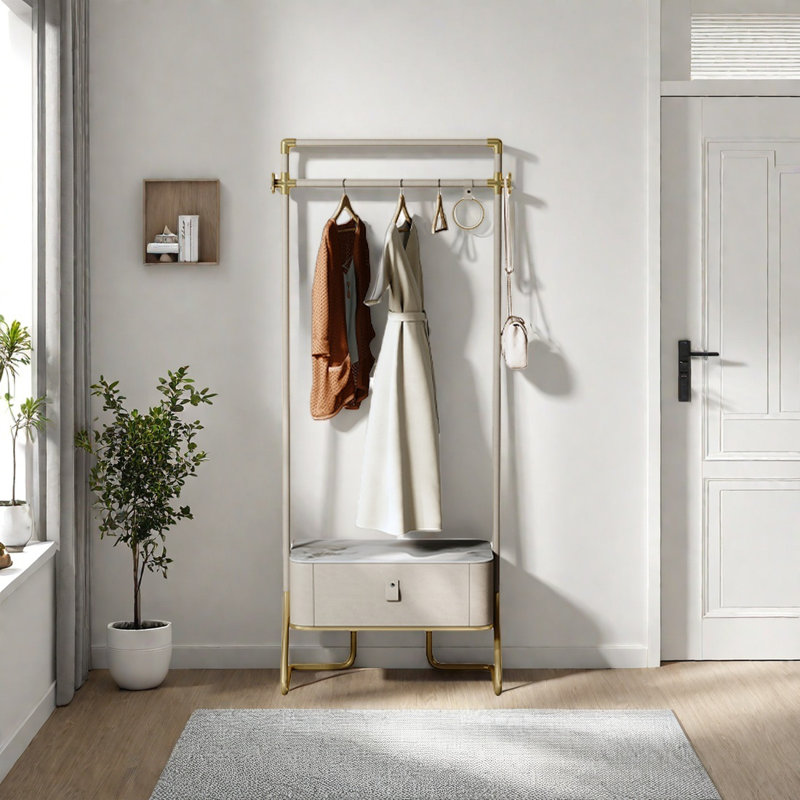 Stylish Wardrobe with Sturdy Rods Shelves, Gold