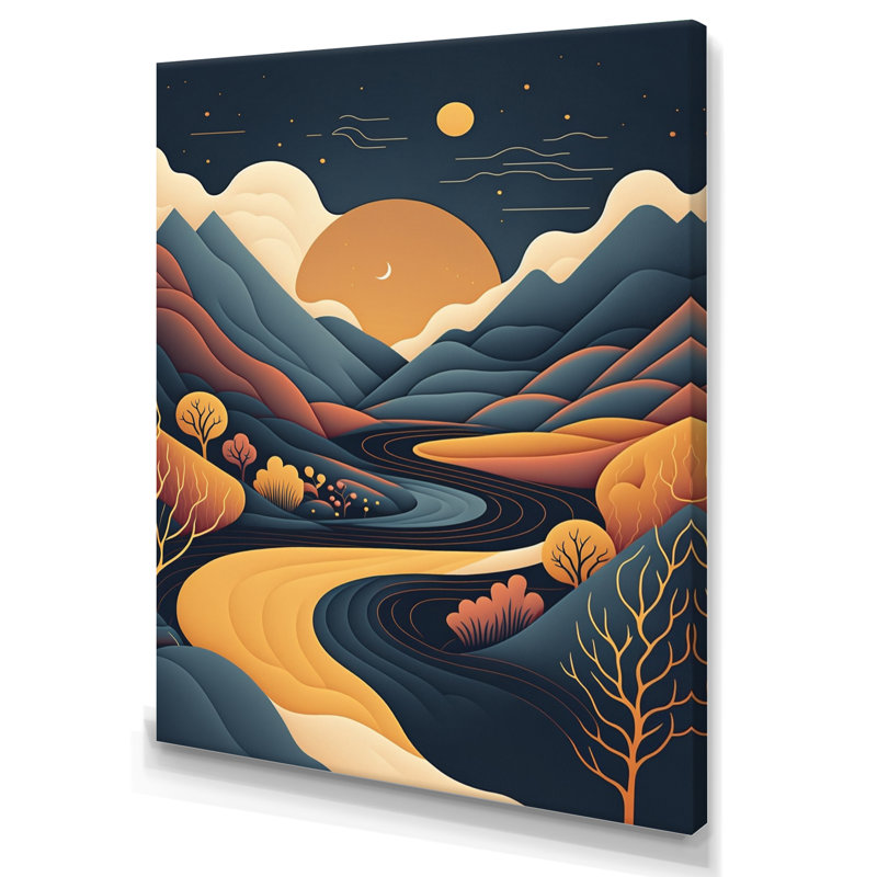 Lune orange sur fond de montagnes bleues - impressions sur toile, H 20 po x l 12 po x P 1 po, Toile tendue