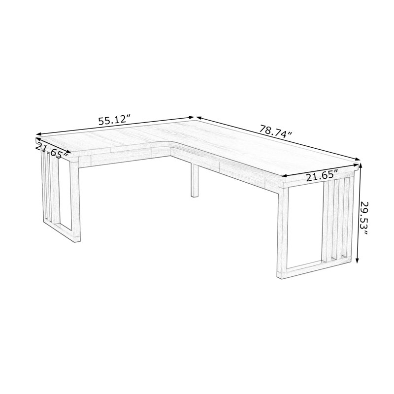 Bureau en bois de noyer massif en L avec 3 tiroirs, H 29,53 po x l 78,74 po x P 55,12 po, Retour à gauche