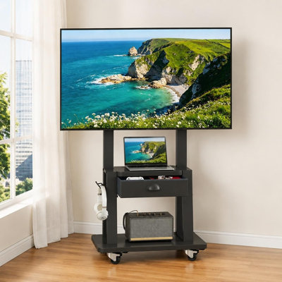 Meuble télé mobile avec tiroir de rangement, chariot télé à roulettes avec 2 étagères, support télé réglable en hauteur, meuble télé robuste sur roulettes pour salon, chambre et extérieur, noir