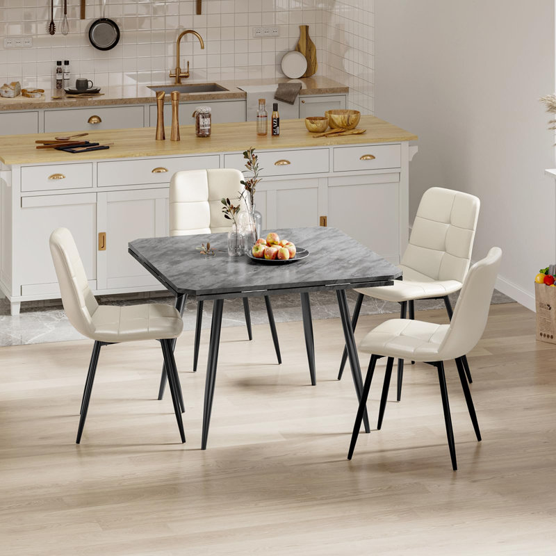 Dining Table And Chairs Set Of 4, Extendable Round Marble Effect Folding Table With Upholstered Tech Fabric Chairs For Dining Room,Kitchen